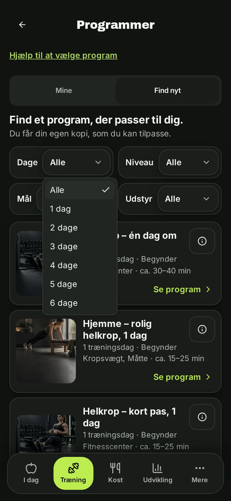 Dage-filter med valgmuligheder