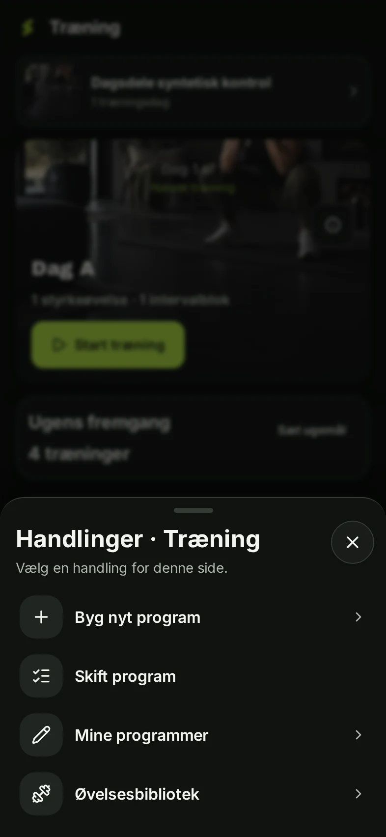Træningssidens handlingsmenu med Mine programmer