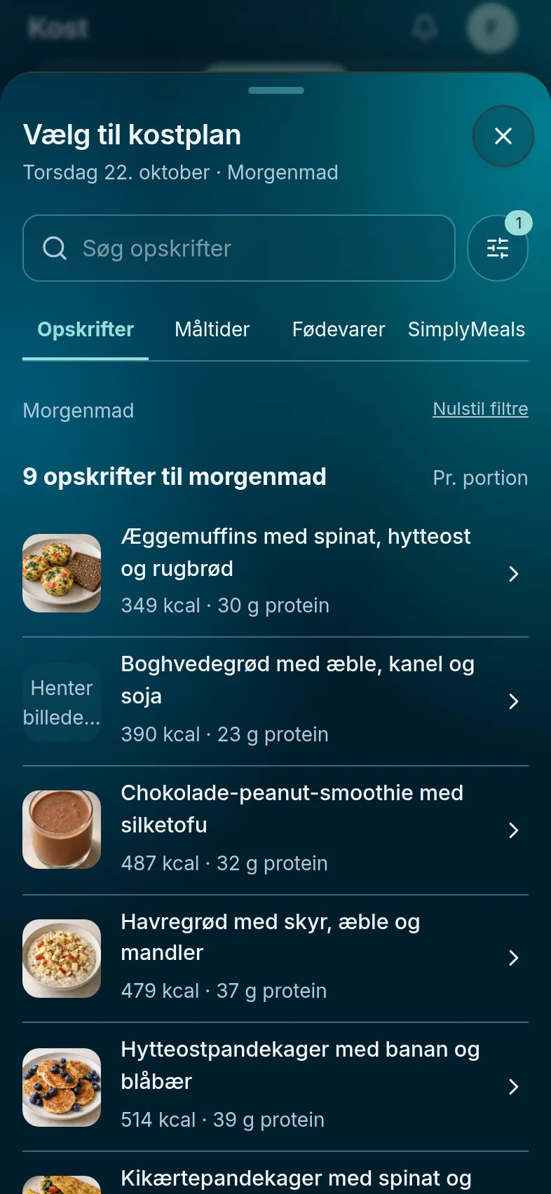 Vælg måltid til kostplanen